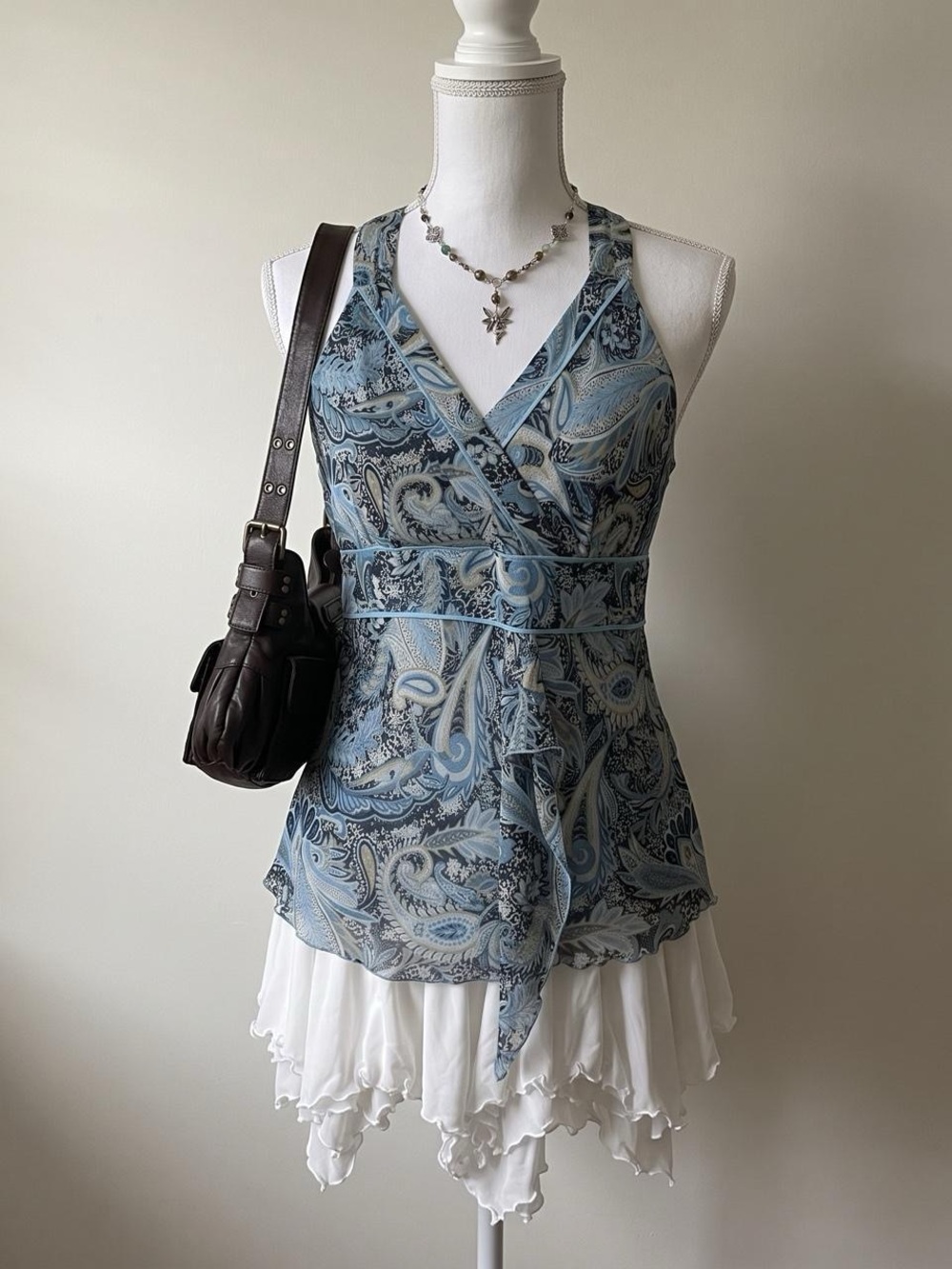 y2k fairy boho whimsigoth blue geometric paisley floral babydoll top large